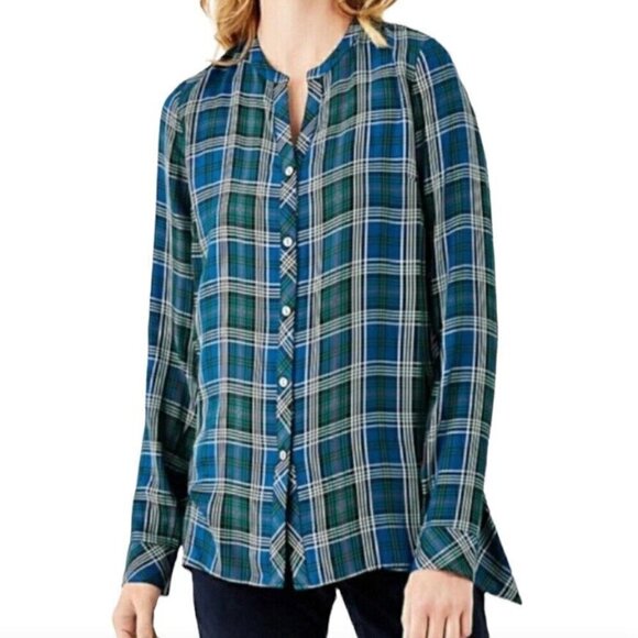 J. JILL Plaid Dipped Hem Button Up Tunic Blue Green Lightweight Button Down S - Picture 1 of 16